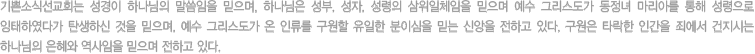 기쁜소식선교회는 성경이 하나님의 말씀임을 믿으며, 하나님의 성품인 성부, 성자, 성령의 삼위일체임을 믿으며 예수 그리스도가 동정녀 마리아를 통해 성령으로 잉태하였다가 탄생하신 것을 믿으며, 예수 그리스도가 온 인류를 구원할 유일한 분이심을 믿는 신앙을 전하고 있다. 구원은 타락한 인간을 죄에서 건지시는 하나님의 은혜와 역사임을 믿으며 전하고 있다.